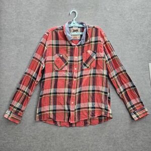 JNCO Men Button Up Shirt 2XL Red Plaid‎ Long Sleeve Pockets Collar Cotton